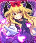  bajel blonde_hair blush bow brave_dungeon dated eyebrows_visible_through_hair gloves hair_bow heart horns iroyopon long_hair looking_at_viewer majin_shoujo open_mouth orange_eyes red_bow signature smile solo white_gloves wings 