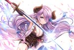  asymmetrical_gloves belt black_footwear black_gloves blue_eyes braid breasts bug butterfly butterfly_hair_ornament cleavage commentary_request draph elbow_gloves gloves granblue_fantasy hair_ornament hair_over_one_eye hairclip highres holding holding_sword holding_weapon horns insect katana large_breasts lavender_hair long_hair looking_at_viewer low_tied_hair narmaya_(granblue_fantasy) petals pointy_ears sheath simple_background single_braid sleeveless solo sword thigh_strap thighs tomo_(user_hes4085) weapon white_background 