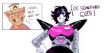  2015 anthro black_hair boss brown_fur burgerpants cat clothed clothing comic dialogue digital_media_(artwork) duo english_text feline fur hair hair_over_eye hand_on_hip hat machine male mammal mettaton mettaton_ex nervous_smile pink_nose rabiscosetal robot shiny shirt shoulder_pads simple_background smile standing teeth text undertale video_games white_background 
