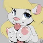  2018 animaniacs areola big_areola big_breasts blonde_hair blue_eyes breasts cum cum_between_breasts eyelashes faceless_male female fur grey_background grey_fur hair half-closed_eyes humanoid_penis long_hair male male/female mammal minerva_mink mink mustelid penis pink_nose precum sex simple_background smile solo_focus titfuck warner_brothers xylas 
