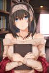  bangs beige_sweater black_hair blue_eyes book bookshelf breasts collarbone commentary_request eyebrows_visible_through_hair hair_between_eyes hairband highres holding holding_book idolmaster idolmaster_cinderella_girls indoors jewelry large_breasts long_hair looking_at_viewer necklace off-shoulder_sweater parted_lips pendant ribbed_sweater sagisawa_fumika shawl solo sweater terry_(pixiv3274443) 