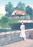  black_hair blue_eyes bridge cobblestone day dress flower gemi hat highres lamppost leaning long_hair looking_at_viewer moss original outdoors power_lines scenery shaved_ice shoes sideways_glance sneakers standing tree water white_dress white_footwear white_hat 