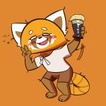  aggressive_retsuko alcohol anthro barefoot beverage blush clothing drunk eyelashes female gabbah hi_res mammal open_mouth orange_background red_panda retsuko sanrio simple_background smile solo 