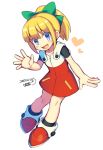  blonde_hair blue_eyes blush boots bow dated dress full_body green_bow hair_bow heart iroyopon long_hair open_mouth ponytail red_dress ribbon rockman rockman_(classic) rockman_11 roll short_hair short_ponytail signature smile solo waving 
