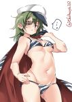  bikini blue_eyes blush breasts camouflage camouflage_bikini cape closed_mouth commentary_request cowboy_shot ebifurya eyepatch flat_cap green_hair hat highres kantai_collection kiso_(kantai_collection) long_hair looking_at_viewer medium_hair multicolored multicolored_clothes navel side-tie_bikini simple_background small_breasts solo swimsuit twitter_username uniform white_background 