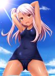  :d arms_behind_head arms_up ass_visible_through_thighs bangs blue_sky blue_swimsuit blush breasts brown_eyes cameltoe chloe_von_einzbern cloud commentary_request covered_navel dark_skin day eyebrows_visible_through_hair fate/kaleid_liner_prisma_illya fate_(series) hair_between_eyes highres horizon ki_(kk-sk-ray) long_hair ocean old_school_swimsuit one-piece_swimsuit one_side_up open_mouth outdoors pink_hair school_swimsuit sky small_breasts smile solo sunlight swimsuit wading water 