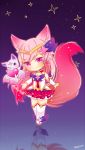  1girl ahri alternate_costume alternate_eye_color alternate_hair_color animal_ears boots chibi detached_sleeves fox_ears fox_tail hair_ornament hairband league_of_legends long_hair looking_at_viewer magical_girl peach_hair skirt star_guardian_ahri tail thigh_boots thighhighs white_legwear 