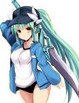  alternate_hairstyle artoria_pendragon_(all) baseball_cap black_hat blue_jacket blush breasts buruma cosplay fate/grand_order fate_(series) green_hair hat horns jacket kiyohime_(fate/grand_order) large_breasts long_hair long_sleeves looking_at_viewer mysterious_heroine_x mysterious_heroine_x_(cosplay) polearm ponytail sen_(astronomy) shirt simple_background sleeves_past_wrists smile solo striped_jacket track_jacket very_long_hair weapon white_background white_shirt yellow_eyes 