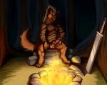  2018 anthro balls campfire erection forest fur hyena kazzyboii looking_at_viewer male mammal melee_weapon penis presenting solo sword tree weapon 