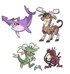  clenched_hand commentary creature crocky deer_(pokemon) english_commentary full_body gerp jug_(pokemon) no_humans pokemon pokemon_(creature) pokemon_rgby_beta shark signature simple_background spikes white_background white_hair 