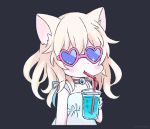  animal_ears aqua_dress artist_name bangs black_background blonde_hair blush_stickers cat_ears choker cup dress drinking drinking_straw heart heart-shaped_eyewear holding holding_cup koneko_mari long_hair original simple_background solo sparkle sunglasses upper_body 