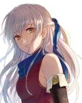  akke armpits bangle bare_shoulders blue_scarf bracelet commentary_request dress elbow_gloves fire_emblem fire_emblem:_akatsuki_no_megami gloves hair_ribbon half_updo jewelry long_hair micaiah ribbon scarf silver_hair sleeveless sleeveless_dress smile solo upper_body yellow_eyes 