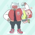  1girl blue_background dangling green_hoodie hekoningyou_(waraningyou) hood hoodie jacket letterman_jacket octarian octoling red_hair sea_angel shoes short_hair shorts smile sneakers splatoon_(series) splatoon_2 splatoon_2:_octo_expansion striped striped_background 