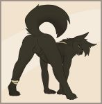  2018 all_fours animal_genitalia anklet anthro anubian_jackal anus backsack balls butt canine fuzzikayu jackal jewelry looking_at_viewer looking_back male mammal presenting presenting_hindquarters rilohn sheath simple_background smile solo tongue tongue_out 
