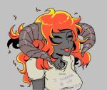  balrog_(lord_of_the_rings) bb_(baalbuddy) blush breasts clothing cute cynicalbalrog1234 female fire grey_skin hair horn humanoid lord_of_the_rings maiar not_furry orange_hair shirt simple_background solo t-shirt tongue tongue_out 