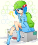  ? backpack bag bangs blue_dress blue_eyes blue_footwear blue_hair blush boots closed_mouth commentary_request dress eyebrows_visible_through_hair full_body green_backpack green_hat hair_bobbles hair_ornament hat highres inon kawashiro_nitori key looking_at_viewer pouch rubber_boots sitting solo touhou two_side_up 