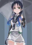  black_neckwear black_sailor_collar black_umbrella blue_hair cowboy_shot elbow_gloves gloves green_eyes holding holding_umbrella kantai_collection long_hair looking_to_the_side low_twintails neckerchief rain ribbon sailor_collar school_uniform serafuku shirt single_horizontal_stripe skirt sleeveless sleeveless_shirt solo striped striped_background sugue_tettou suzukaze_(kantai_collection) triple_horizontal_stripe twintails umbrella white_shirt white_skirt 