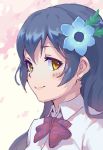  blue_flower blush bow bowtie closed_mouth collared_shirt commentary_request dark_blue_hair flower hair_flower hair_ornament haoni long_hair looking_at_viewer love_live! love_live!_school_idol_project orange_eyes portrait purple_hair red_neckwear shirt smile solo sonoda_umi white_shirt wing_collar 