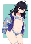  absurdres ahoge bandages bangs belly bikini black_hair blue_bikini blue_eyes blush breasts collarbone commentary eyepatch_bikini groin hair_between_eyes highres holding holding_pillow hood hoodie izumo_kasumi_(nijisanji) kio_(yumekuikio) looking_at_viewer micro_bikini mole mole_on_neck mole_under_mouth navel nijisanji open_clothes open_hoodie open_mouth pillow sideboob solo swimsuit underboob virtual_youtuber wavy_hair 