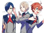  ahoge blue_eyes blue_hair book bucchan carrying_under_arm character_name closed_mouth commentary darling_in_the_franxx genderswap genderswap_(ftm) green_eyes ichigo_(darling_in_the_franxx) kokoro_(darling_in_the_franxx) miku_(darling_in_the_franxx) military military_uniform multiple_boys open_mouth orange_hair simple_background stuffed_animal stuffed_bunny stuffed_toy uniform upper_body wavy_hair white_background 