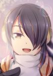  :d black_hair brown_eyes bubble commentary emperor_penguin_(kemono_friends) face hair_over_one_eye headphones highres kemono_friends long_hair looking_at_viewer open_mouth revision smile solo yasume_yukito 