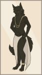  2018 anklet anthro anubian_jackal canine clothing ear_piercing fuzzikayu jackal jewelry looking_at_viewer male mammal necklace piercing rilohn ring simple_background smile solo undressing 