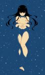  akairiot barefoot black_eyes black_hair breasts breasts_apart eyeliner highres hime_cut interlocked_fingers light_reflection_(water) long_hair makeup medium_breasts night night_sky nipples nude original partially_submerged reflection sky smile solo star_(sky) starry_sky toes water 