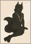  2018 anthro anubian_jackal butt canine fuzzikayu jackal jewelry looking_at_viewer male mammal necklace rilohn ring simple_background smile solo 