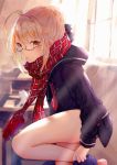  absurdres ahoge artoria_pendragon_(all) backlighting barefoot bespectacled blonde_hair blush bottomless cat commentary_request convenient_leg day fate/grand_order fate_(series) glasses hair_bun highres mao_ge mysterious_heroine_x_(alter) plaid plaid_scarf red_scarf scarf school_uniform semi-rimless_eyewear serafuku solo under-rim_eyewear undressing white_cat yellow_eyes 