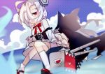  artist_name azur_lane bangs black_cape black_skirt bolt bow breasts cake_(isiofb) cannon cape center_frills closed_mouth cloud commentary_request day detached_sleeves erebus_(azur_lane) eyebrows_visible_through_hair frills hair_over_one_eye heart heart_in_mouth high-waist_skirt highres hood hood_up hooded_cape kneehighs long_hair long_sleeves looking_at_viewer medium_breasts multiple_girls outdoors polka_dot polka_dot_background purple_background red_bow red_eyes red_footwear sharp_teeth shirt shoes sitting skirt sleeveless sleeveless_shirt sleeves_past_fingers sleeves_past_wrists stitches teeth terror_(azur_lane) very_long_hair white_hair white_legwear white_shirt wide_sleeves 