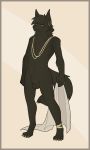  2018 animal_genitalia anklet anthro anubian_jackal balls black_balls canine ear_piercing fully_sheathed fuzzikayu jackal jewelry looking_at_viewer male mammal necklace piercing rilohn ring sheath simple_background smile solo 