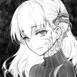 black_background commentary_request dark_sakura dress eyebrows_visible_through_hair facial_tattoo fate/stay_night fate_(series) greyscale hair_ribbon haoni long_hair looking_at_viewer matou_sakura monochrome parted_lips portrait ribbon smile solo tattoo turtleneck 