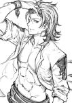  abs belt bracelet chest commentary_request granblue_fantasy greyscale hair_slicked_back hand_up haoni jacket jewelry long_sleeves looking_at_viewer male_focus monochrome open_clothes open_jacket parted_lips percival_(granblue_fantasy) shirtless sketch smile solo wet wet_hair white_background 