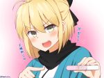  :d ahoge black_bow blonde_hair blush bow commentary fate_(series) grey_eyes hair_bow haori heart highres japanese_clothes koha-ace looking_at_viewer okita_souji_(fate) okita_souji_(fate)_(all) open_mouth pink_background pointing pregnancy_test short_hair smile solo tomato_rice translated twitter_username upper_body 