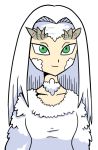  closed_mouth collarbone dark_souls dragon_girl dragon_horns dress green_eyes horns parody priscilla_the_crossbreed setz simple_background smile solo souls_(from_software) straight_hair style_parody toriyama_akira_(style) upper_body white_background white_dress white_hair 