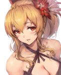  bangs bare_shoulders blonde_hair blush bow breasts chromatic_aberration cleavage criss-cross_halter eyebrows eyebrows_visible_through_hair eyelashes flower granblue_fantasy hair_between_eyes hair_bow hair_flower hair_ornament halter_top halterneck haoni large_breasts long_hair looking_at_viewer parted_lips ponytail red_eyes red_flower sidelocks simple_background smile solo upper_body vira_lilie white_background 