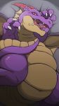  2018 3_fingers bed belly big_belly bird&#039;s-eye_view blush dragon dragon_quest dragonlord_(dragon_form) drooling high-angle_view horn looking_at_viewer lying male on_bed open_mouth purple_scales red_eyes saliva scales scalie solo video_games waniharu western_dragon 