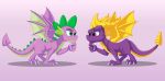  2018 claws crossover digital_media_(artwork) dragon duo feral friendship_is_magic green_eyes horn male membranous_wings my_little_pony purple_eyes scalie simple_background sonicpegasus spade_tail spike_(mlp) spines spyro spyro_the_dragon video_games western_dragon wings 