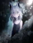  :&lt; animal_ears artist_name bangs black_dress black_hair blurry blurry_background cat_ears choker collarbone dress forest grey_hair hair_between_eyes koneko_mari looking_at_viewer medium_hair multicolored_hair muted_color nature original outdoors solo spaghetti_strap two-tone_hair 