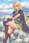  blonde_hair blue_sky boots cape circlet cloud day deedlit elf gloves green_eyes high_heel_boots high_heels highres lips long_hair looking_at_another miura-n315 outdoors pointy_ears record_of_lodoss_war sitting sky smile solo sword weapon 