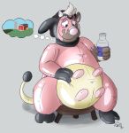  2018 2_fingers 4_fingers absurd_res anthro barn blush bottle bovine brown_fur digital_drawing_(artwork) digital_media_(artwork) english_text espresso_skunk farm fur hair hi_res horn kehei male mammal multicolored_fur nintendo nude pink_nose pok&eacute;mon pok&eacute;mon_(species) rubber shiny simple_background sitting skunk smile solo stool teats text transformation udders video_games white_hair 