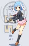  bangs black_legwear blue_hair brown_eyes brown_footwear bunny_tail eyebrows_visible_through_hair floppy_ears full_body gun highres holding holding_gun holding_weapon inon kneehighs loafers long_sleeves looking_at_viewer pink_skirt pleated_skirt red_neckwear reisen shoes short_hair sig_552 sig_sauer skirt solo standing standing_on_one_leg tail touhou weapon 