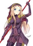  abigail_williams_(fate/grand_order) arm_up bangs blonde_hair blue_eyes blush bodysuit breasts closed_mouth commentary_request cosplay covered_navel fate/grand_order fate_(series) gae_bolg hakuya_kung holding holding_spear holding_weapon long_hair looking_at_viewer medium_breasts parted_bangs polearm purple_bodysuit scathach_(fate)_(all) scathach_(fate/grand_order) scathach_(fate/grand_order)_(cosplay) shoulder_armor signature simple_background solo spear tears very_long_hair weapon white_background 