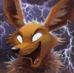  2018 ambiguous_gender black_nose eeveelution electricity fur jolteon kenket nintendo open_mouth pok&eacute;mon pok&eacute;mon_(species) red_fur video_games white_eyes 