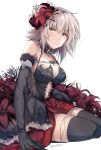  armlet bangs bare_shoulders black_dress black_gloves black_legwear blush bow breasts choker cleavage collarbone commentary_request dress elbow_gloves eyebrows_visible_through_hair fate/grand_order fate_(series) flower gloves hair_between_eyes hair_bow hair_flower hair_ornament hirai_yuzuki jeanne_d'arc_(alter)_(fate) jeanne_d'arc_(fate)_(all) jewelry large_breasts looking_at_viewer navel navel_cutout pendant red_skirt short_hair silver_hair simple_background sitting skirt solo thighhighs thighs twitter_username white_background yellow_eyes 