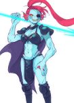  anthro armor blue_skin breasts cape cleavage clothed clothing eye_patch eyewear female fish gills grin hair marine melee_weapon polearm ponytail red_hair scar sharp_teeth shoulder_pads simple_background smile spear standing teeth undertale undyne video_games weapon white_background yellow_eyes 