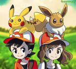  1girl :3 ayumi_(pokemon) baseball_cap black_hair brown_eyes brown_hair closed_mouth commentary creature deviantart_username english_commentary face gen_1_pokemon gooompy hat kakeru_(pokemon) looking_at_viewer outdoors pokemon pokemon_(creature) pokemon_(game) pokemon_lgpe pokemon_on_head signature smile 