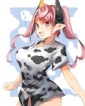  :d animal_print breasts clenched_hand cow_print cowboy_shot fang highres horns kasuka_(kusuki) large_breasts long_hair looking_at_viewer naked_shirt open_mouth original pointy_ears red_eyes shirt short_sleeves slit_pupils smile solo standing twintails 