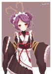  2018 absurdres antennae apron black_kimono blush bow closed_mouth dated double_bun entoma_vasilissa_zeta eyebrows_visible_through_hair eyelashes fangs frilled_apron frilled_kimono frills highres insect_girl japanese_clothes kimono long_sleeves looking_at_viewer maid_apron maid_headdress obi outline overlord_(maruyama) pink_bow poinia purple_hair red_eyes sash sleeves_past_fingers sleeves_past_wrists smile wa_maid waist_apron white_apron white_outline wide_sleeves 