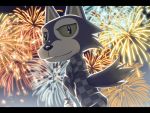  animal_ears artist_name bunjirou_(doubutsu_no_mori) doubutsu_no_mori fireworks fish japanese_clothes kimono male_focus sky solo tail tsutsuji_(hello_x_2) wolf wolf_ears wolf_tail 